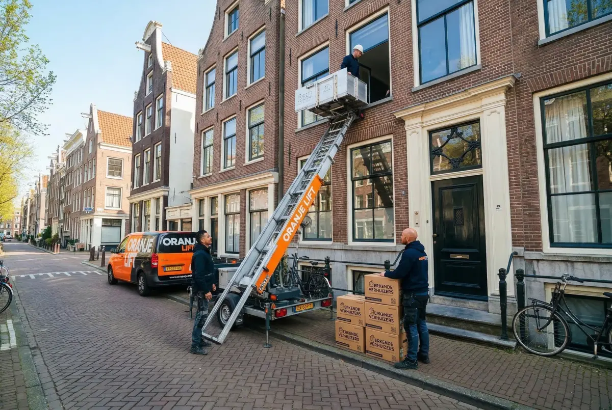 Aanhangerlift in smalle straat Amsterdam Centrum